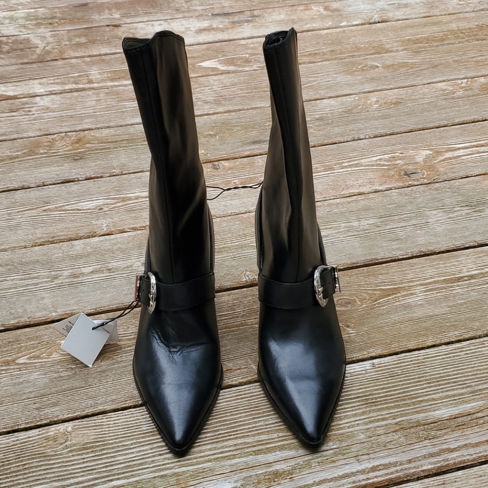 Zara leather high heel boots with cowboy strap with metal buckle detail - Picture 3 of 16